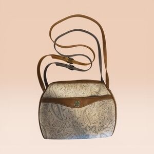 VTG Liz Claiborne Paisley Print Leather Trim Crossbody Shoulder Bag Tan Brown